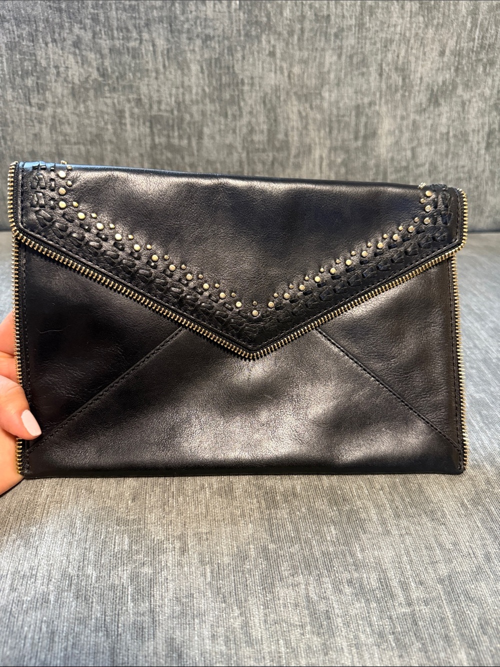 Rebecca Minkoff - Black Leather Envelope Clutch with Stud Detail